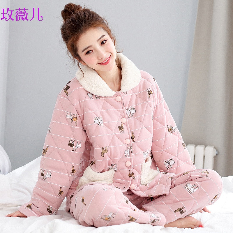 玫薇儿睡衣女士冬季甜美可爱三层加厚针织夹棉袄秋冬款纯棉加棉长袖套装 XXL（140-160斤）加厚夹棉 MY9914
