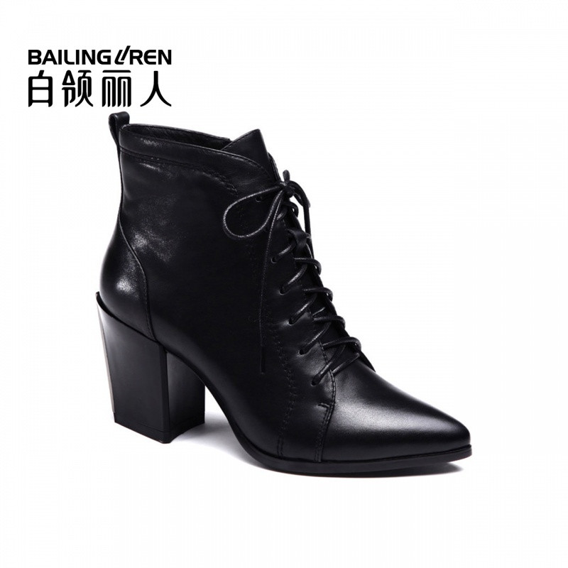 白领丽人秋冬欧美小牛皮时尚尖头系带粗跟女短靴