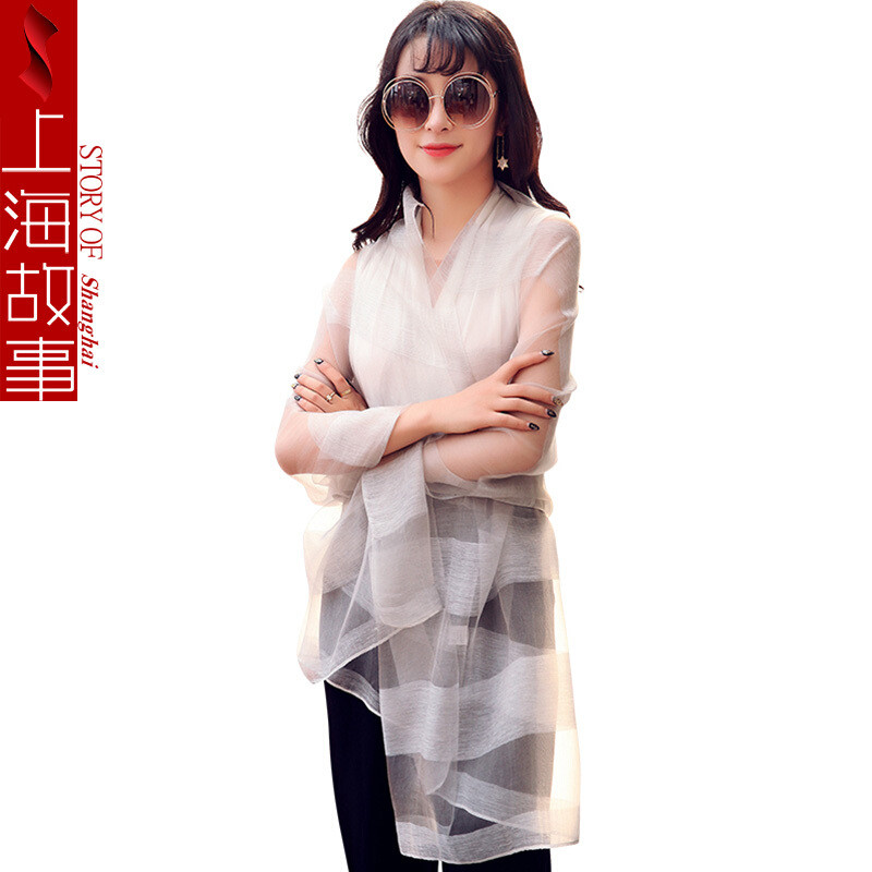 上海故事丝毛素色时尚披肩2 条纹浅灰