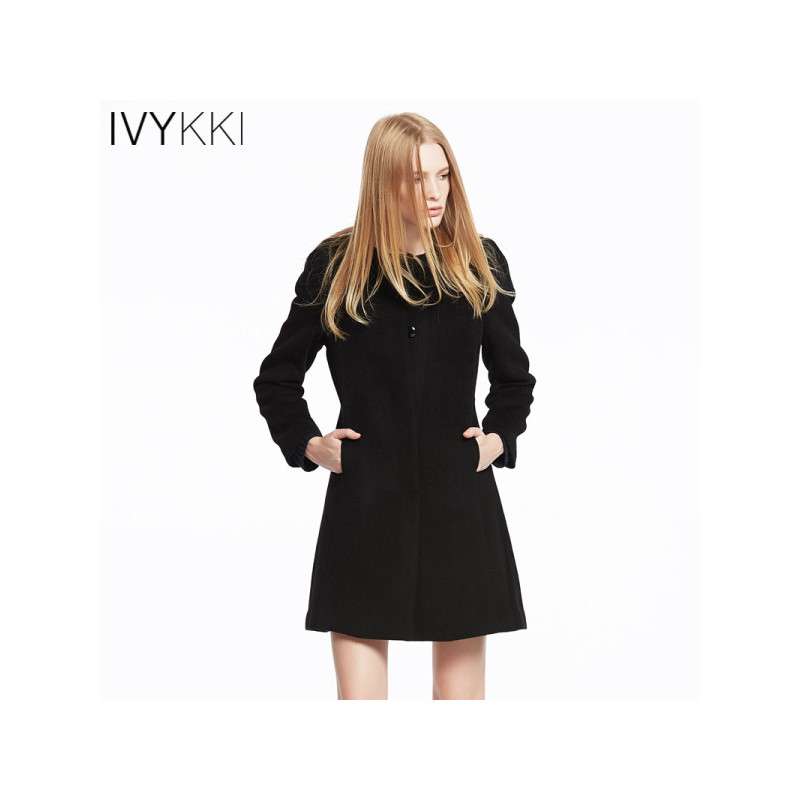 Ivykki艾维2016冬季呢料大衣中长款休闲圆领厚款外套羊毛毛呢中褛_2 0801黑 42/XL/175