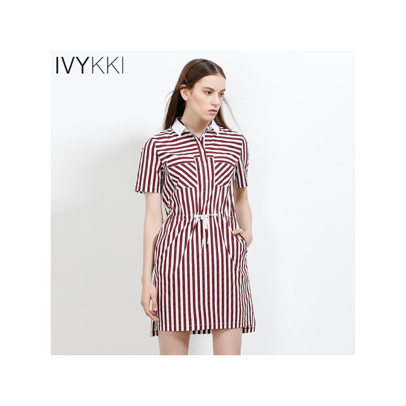 Ivykki艾维2017新款纯棉时尚连衣裙条纹收腰 34/XS/155 1205红条
