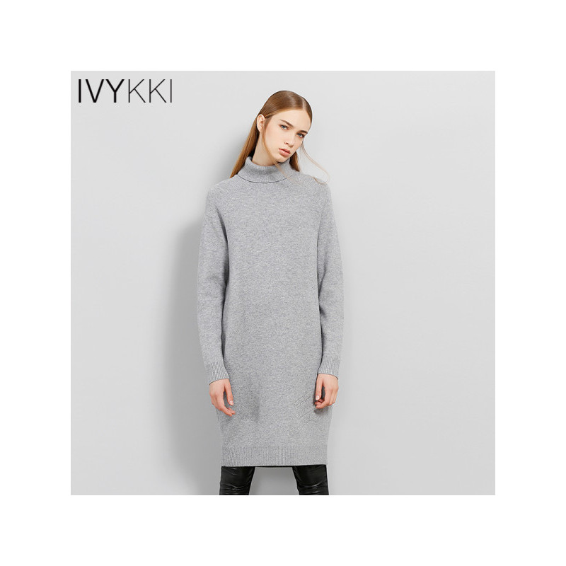 IVYKKI艾维2017秋季新款女装中长款针织长袖高领套头宽松羊毛衣_1 0900花灰 42/XL/175