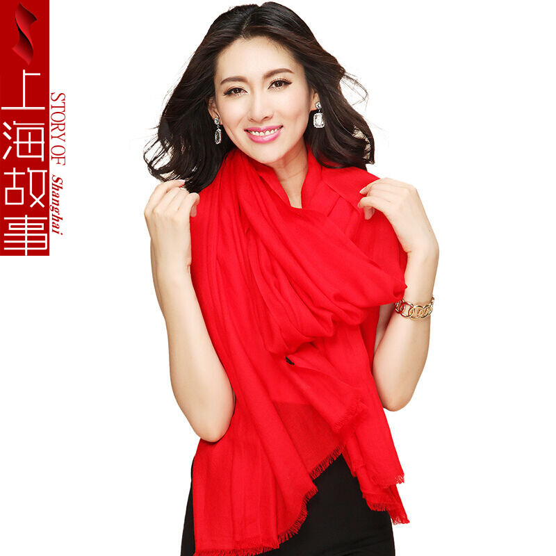 上海故事纯色羊毛围巾女秋冬季保暖围脖大披肩两用 大红色