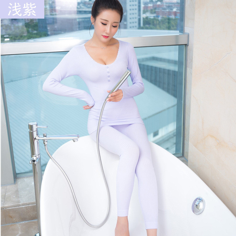 缔五季秋冬新款四粒扣罗纹女士保暖内衣套装无缝蕾丝边修身美体内衣套装 均码 浅紫【四排扣】