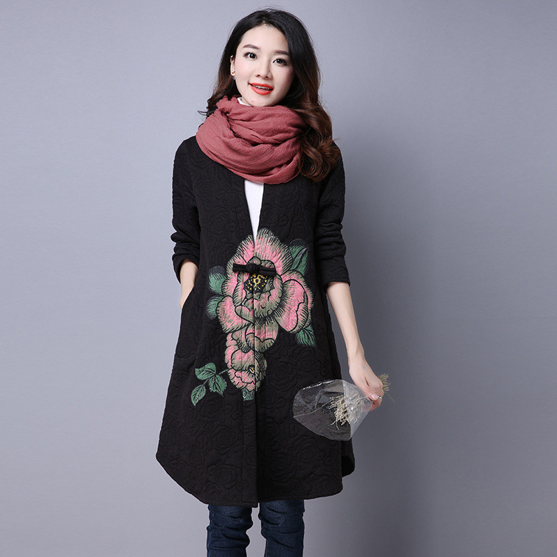 2017秋冬新款韩版女装夹棉印花盘扣开衫风衣外套 2XL 黑色