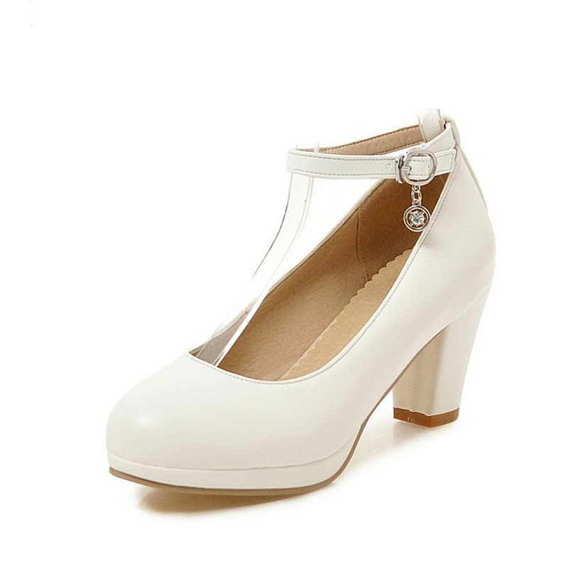 春秋简约舒适纯白色高跟皮鞋子防水台粗跟圆头浅口单鞋女士大码 白色