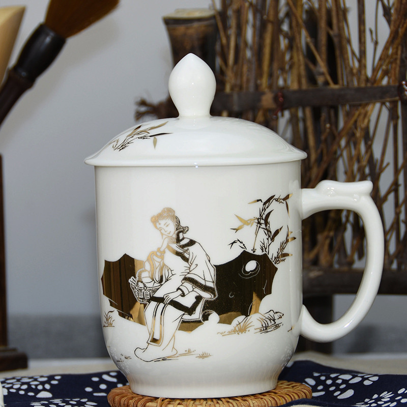茶杯陶瓷办公杯带盖景德镇泡茶杯喝茶杯大容量老板杯 仕女