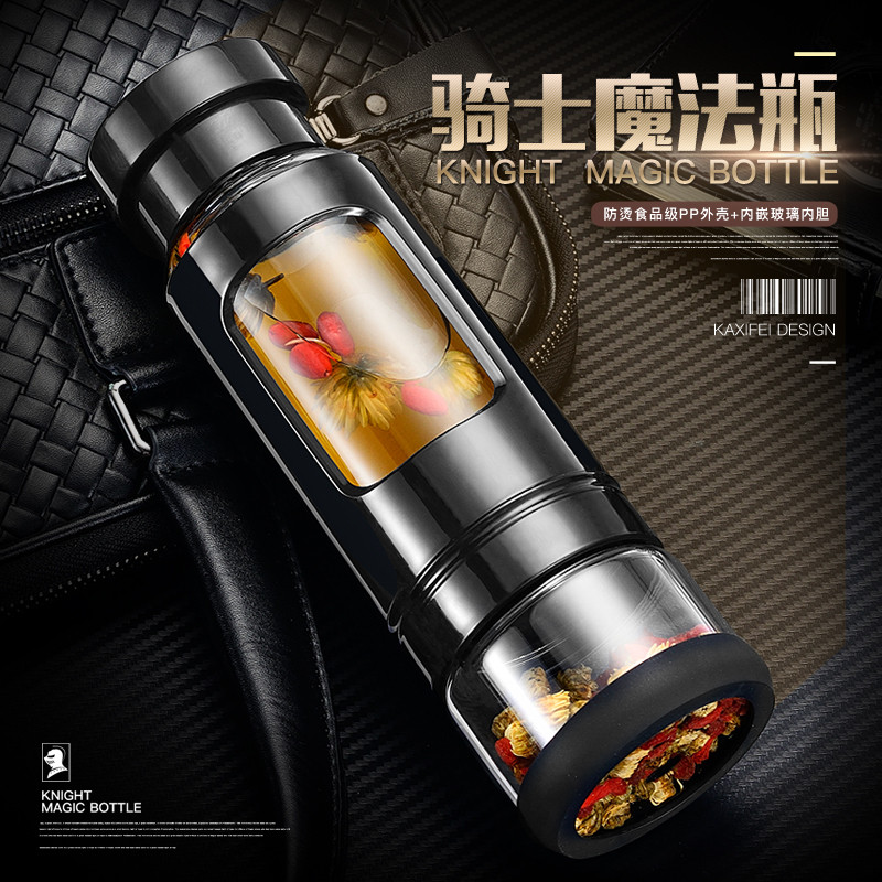 卡西菲kaxifei 玻璃杯 便携男女士车载水杯学生玻璃茶杯 耐热耐摔防漏商务办公杯创意泡茶杯情侣礼品杯子 绅士黑430ml+杯刷杯套