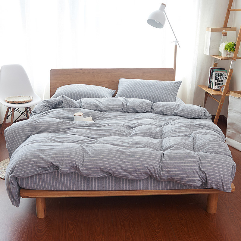 Ladysoft家居 新品针织全棉四件套1.5/1.8米床通用 被套200*230cm 灰白细条 床单款1.5/1.8米床通用