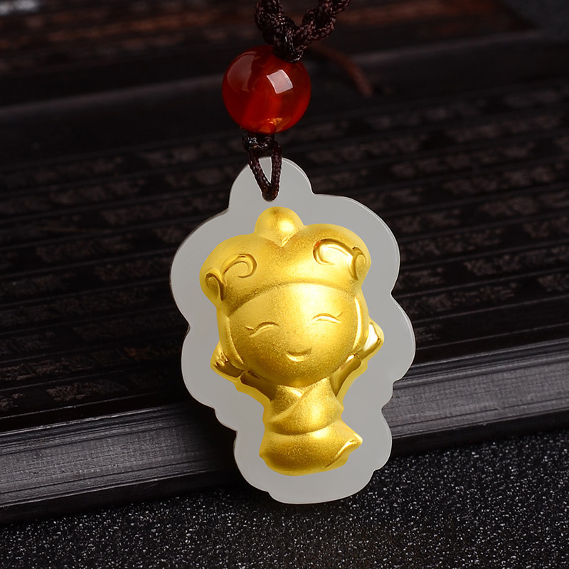和田玉3D足金金镶玉小天使吊坠 和田玉玉坠 可爱项链送礼 小天使吊坠