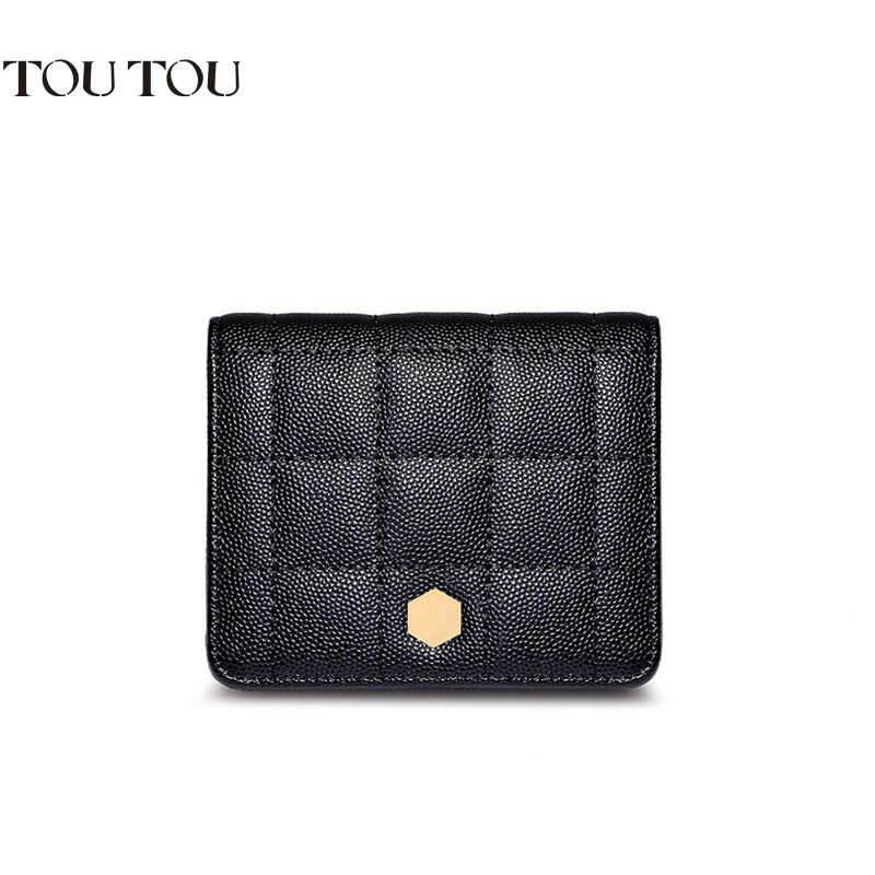 TOUTOU2017新款韩版皮球纹欧美简约女式短款钱包多卡位两折零钱夹 子夜黑