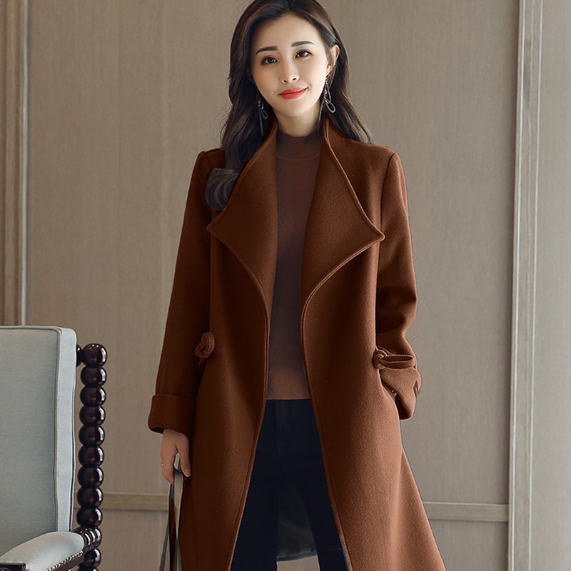 YEESUER 中长款直筒2017年冬季通勤纯色毛呢外套时尚 4XL 焦糖色