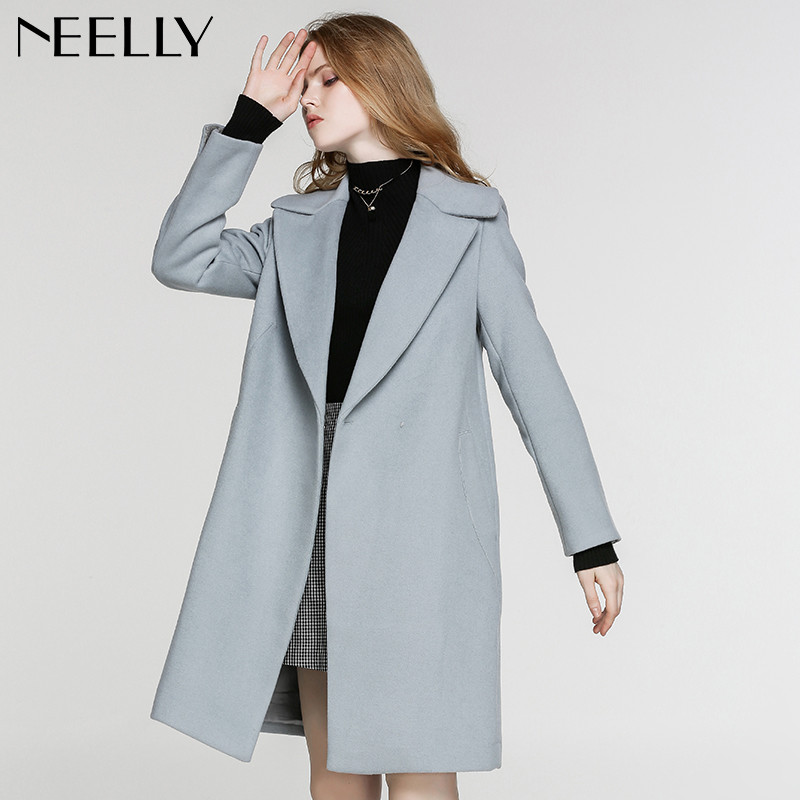 Neelly/纳俪2017冬装新款女中长款纯色宽松毛呢外套 M 豆荚绿