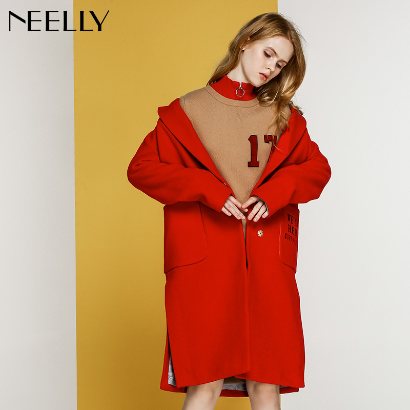 Neelly纳俪2017冬装新款女中长款纯色字母刺绣显瘦羊毛呢外套大衣 L 正红