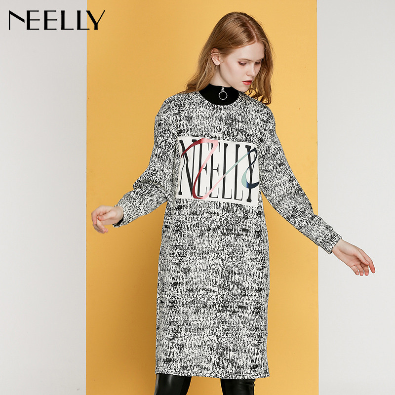 Neelly纳俪2017冬装新款女中长款黑白杂色字母显瘦印花修身连衣裙 L 黑色