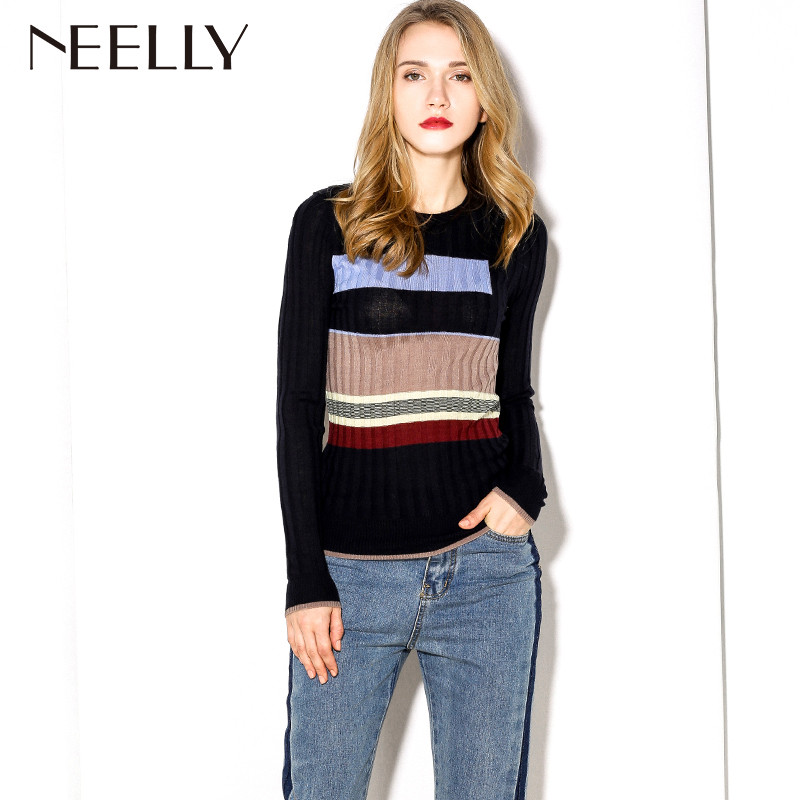 Neelly纳俪2017秋季新款女修身条纹紧身短款显瘦薄款打底衫针织衫 M 藏青