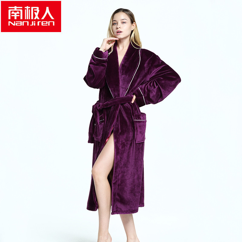情侣法兰绒浴袍 加长加厚法兰绒家居服 男女士家居服 M 紫色