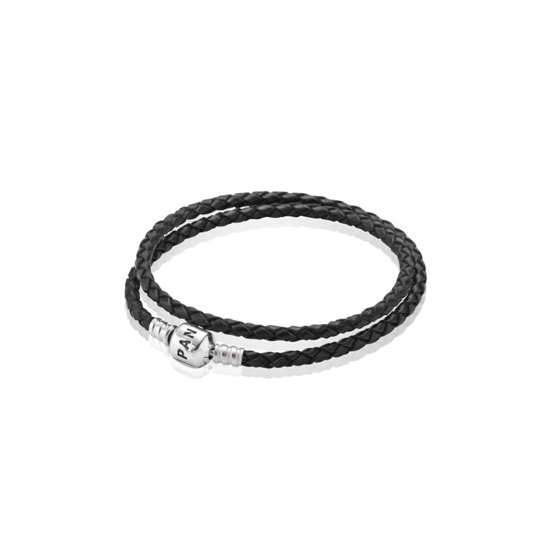 PANDORA潘多拉 黑色双圈牛皮革925银手链 590705CBK_DOUBLE 38cm