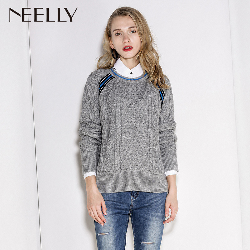 Neelly纳俪2017秋季新款女套头宽松显瘦短款加厚外穿打底衫针织衫_1 L 灰色