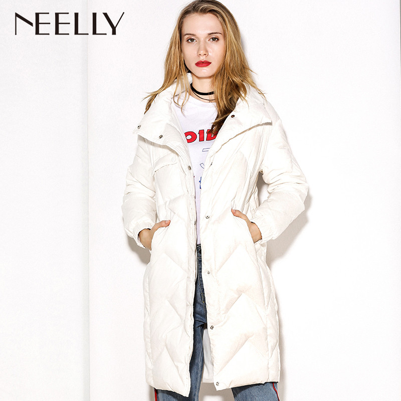 Neelly纳俪2017秋装新款女白色中长款连帽女羽绒服宽松90白鸭绒_1 M 白色