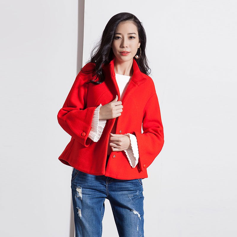 女装冬季韩版百搭纯色小立领落肩喇叭袖短款外套 L 红色