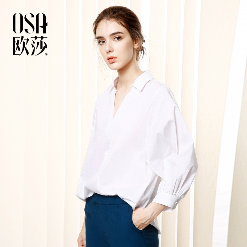OSA欧莎2017秋装新款女装纯色V领长袖衬衫时尚宽松白色灯笼袖衬衣 S 纯白色B