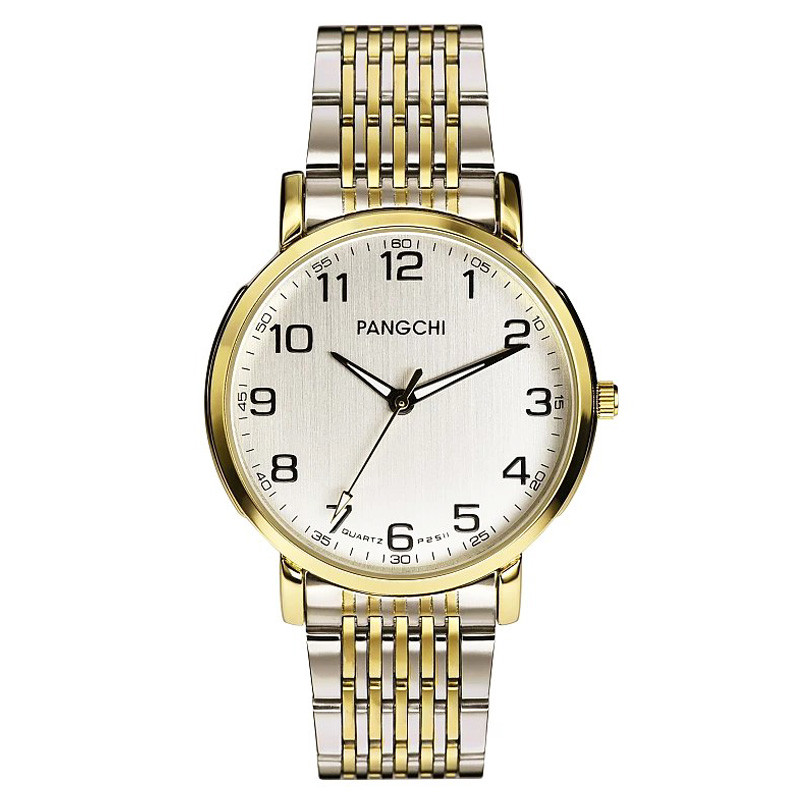 鹏志（PANGCHI）手表 进口2035机芯时尚商务男表 超清大数字钢带女士腕表2511 间金带白面（男款）