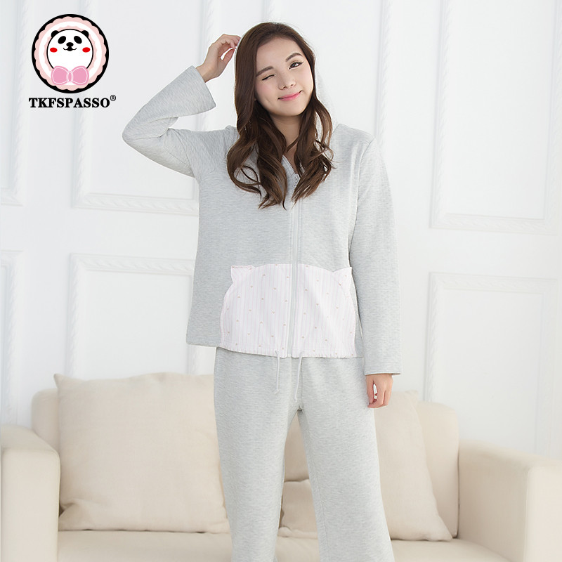 TKFSPASSO/斯帕颂素色可爱小猫口袋连帽家居服套装女 休闲风春夏 M-L 浅灰色