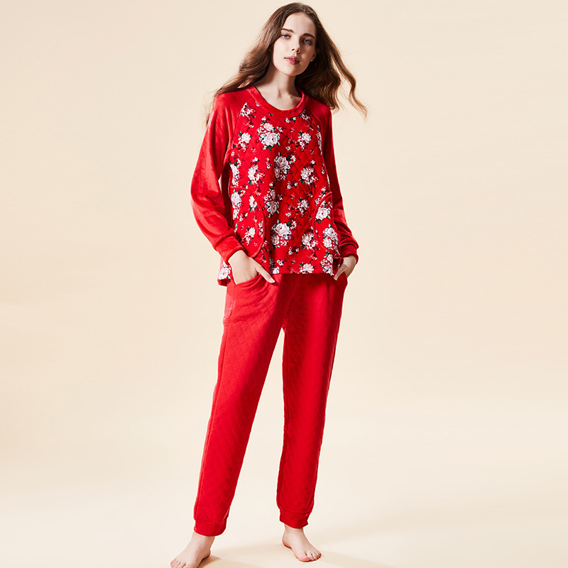 雅婷雅雯保暖加厚睡衣女秋冬季家居服套装冬天可外穿 大红 XXL175