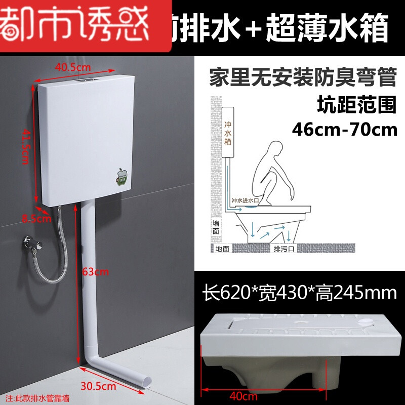 整套蹲便器防臭蹲厕藏式折叠落地阀门出水全自动脚踏阀强力蹲厕所 A1带弯前排水+水箱