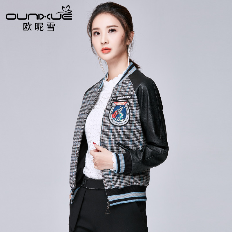 欧昵雪短款女外套秋冬新款潮百搭韩版拼接皮衣时尚机车棒球服D