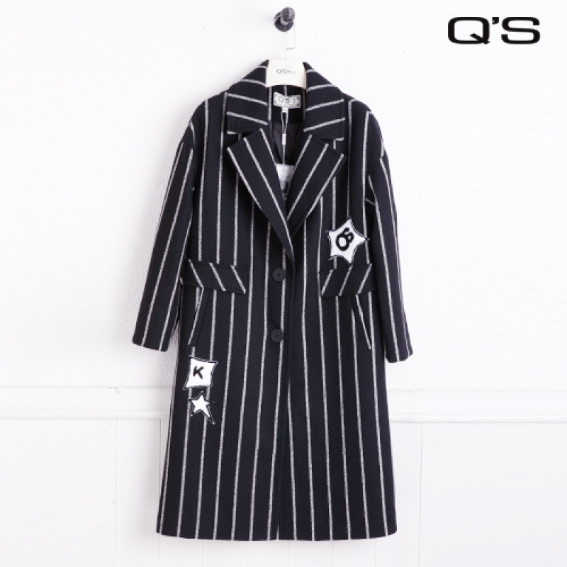 Q&rsquo;S/秸熙女装2017冬装新款韩版时尚显瘦条纹中长款大衣 S 黑色