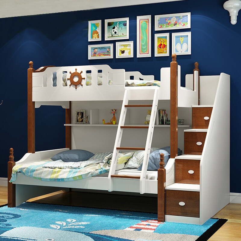A家家具 地中海高低子母床简约公主儿童床上下床实木带护栏双层床 1.5米高低子母床+梯柜+床底抽+上下床垫