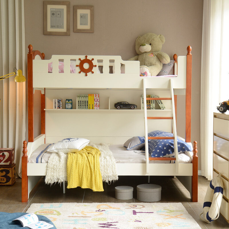 A家家具 地中海高低子母床简约公主儿童床上下床实木带护栏双层床 1.5m高低床（蓝色）