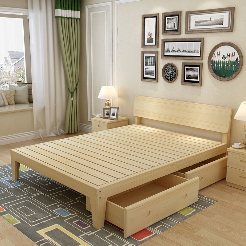 硕木居 床现代简约实木床1.5米双人床主卧防霉大床松木1米单人床简易床 1.2*2加厚款35高【有抽屉】裸床无床垫
