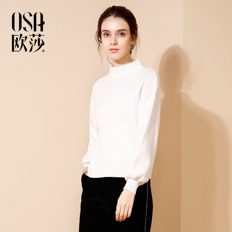 OSA欧莎2017秋冬纯色套头宽松打底针织衫女保暖加厚半高领毛衣_1 XS 白色
