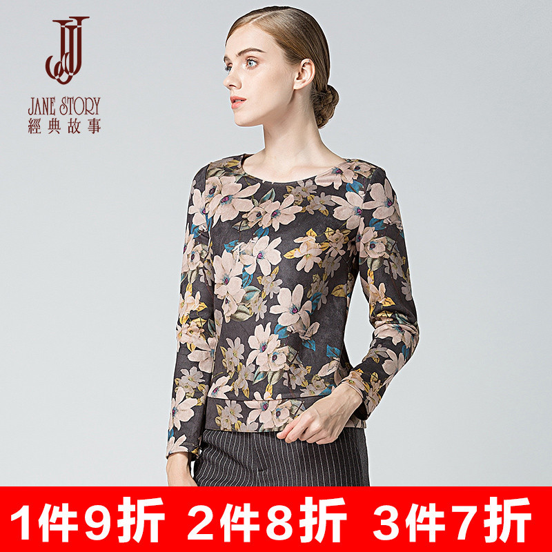 经典故事女装麂皮绒印花长袖T恤女冬春季款圆领休闲打底衫 P53灰粉花色 175/96A/XXL