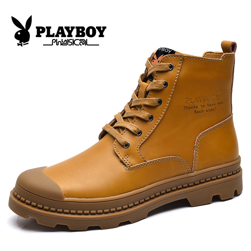 花花公子(PLAYBOY)牛皮工装靴男2017秋冬新款防滑耐磨户外男靴子X39388 黄色 41码