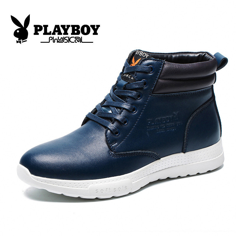 花花公子(PLAYBOY)冬季高帮休闲鞋时尚运动鞋保暖户外潮男鞋子 X39377 深蓝色 39码