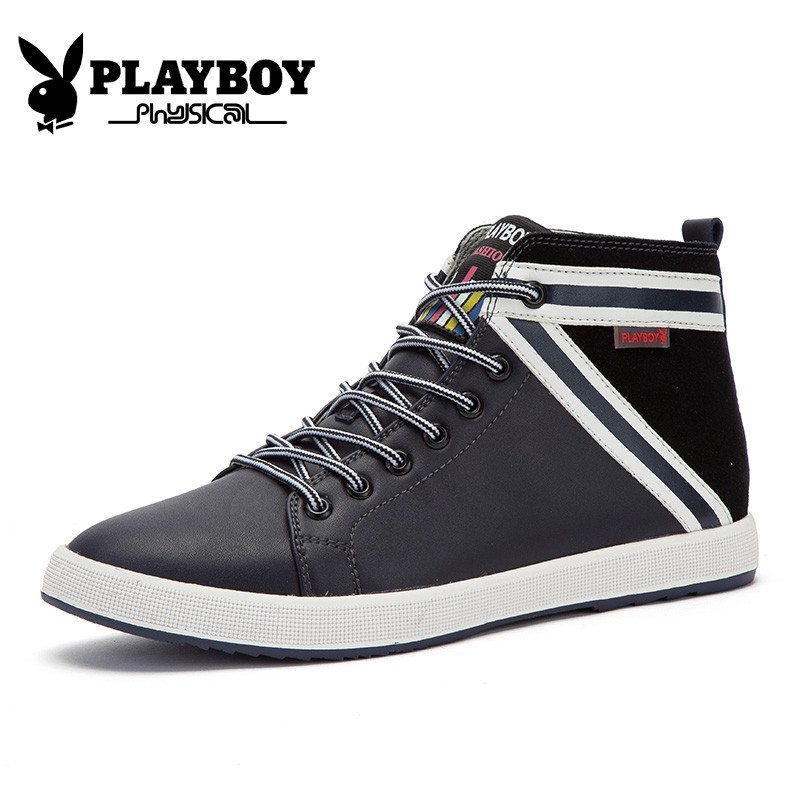 花花公子(PLAYBOY)男士高帮休闲鞋新款男鞋潮流简约板鞋 X39093 深蓝色 39码