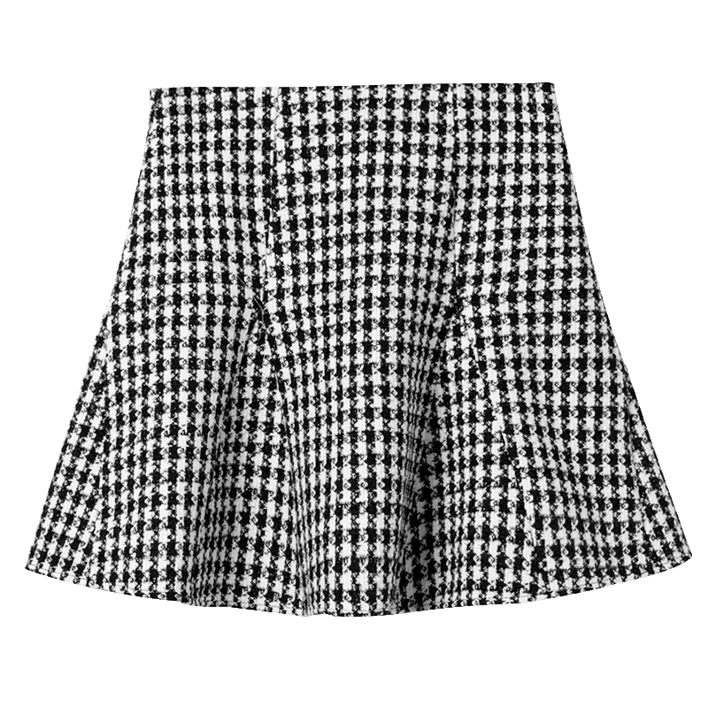 洛诗琳2017秋季新款女简约时尚优雅黑白千鸟格修身呢子A摆半身裙 S 千鸟格