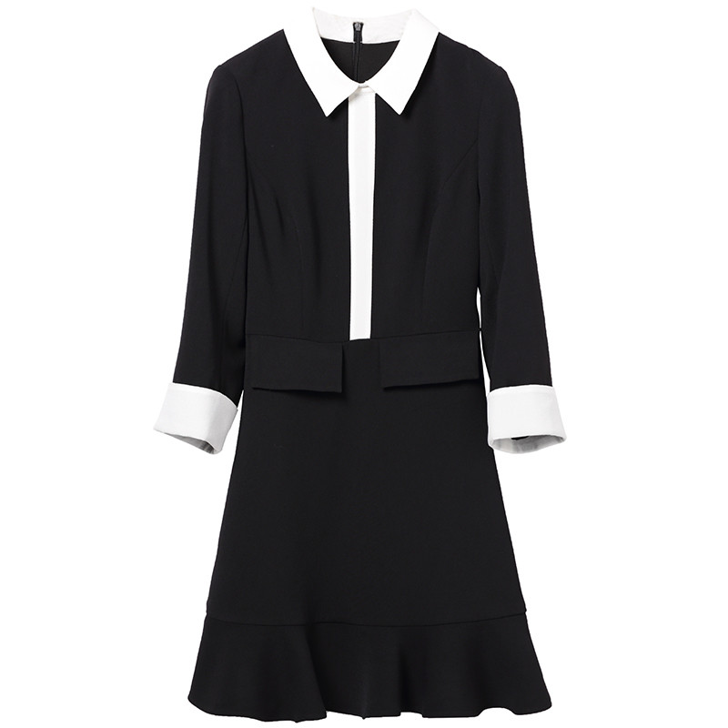 洛诗琳2017秋季新款女装荷叶袖V领中裙修身显瘦OL气质黑色连衣裙 XXL 黑色