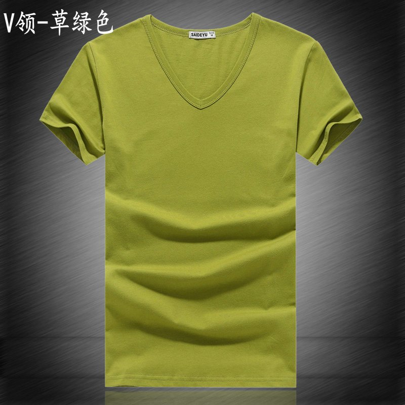 男士短袖t恤春夏季纯棉男装修身黑白纯色V领半截袖衣服学生打底衫 XXXL V领-草绿色