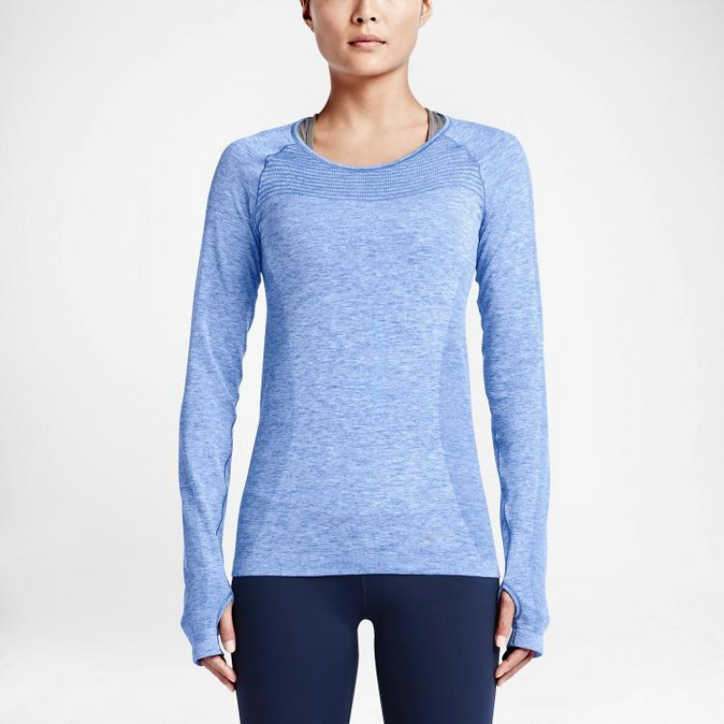 NIKE耐克DRI-FIT女跑步速干针织衫长袖T恤-718583-486 L 蓝色