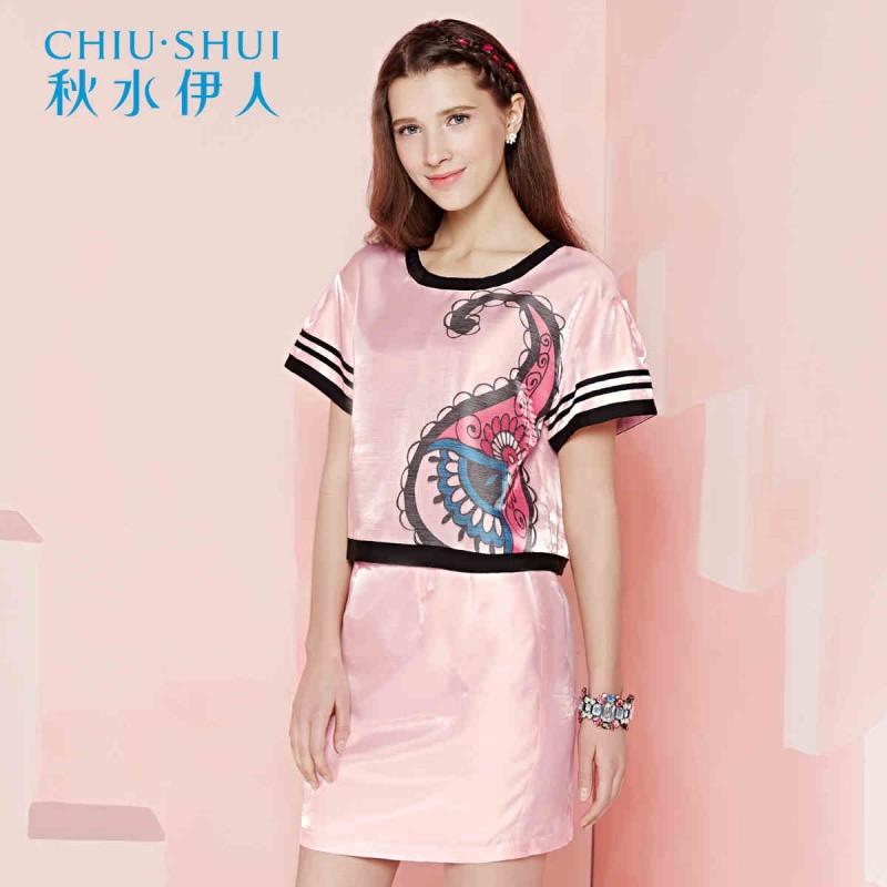 秋水伊人 夏装新款复古印花拼接包臀裙套装E144 粉红 M