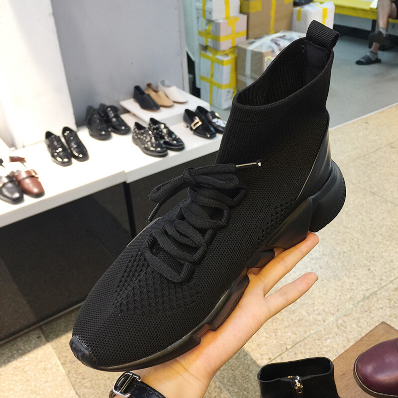 2017新款女鞋圆头透气针织弹力套筒系带平底休闲短靴袜子靴 黑色 37