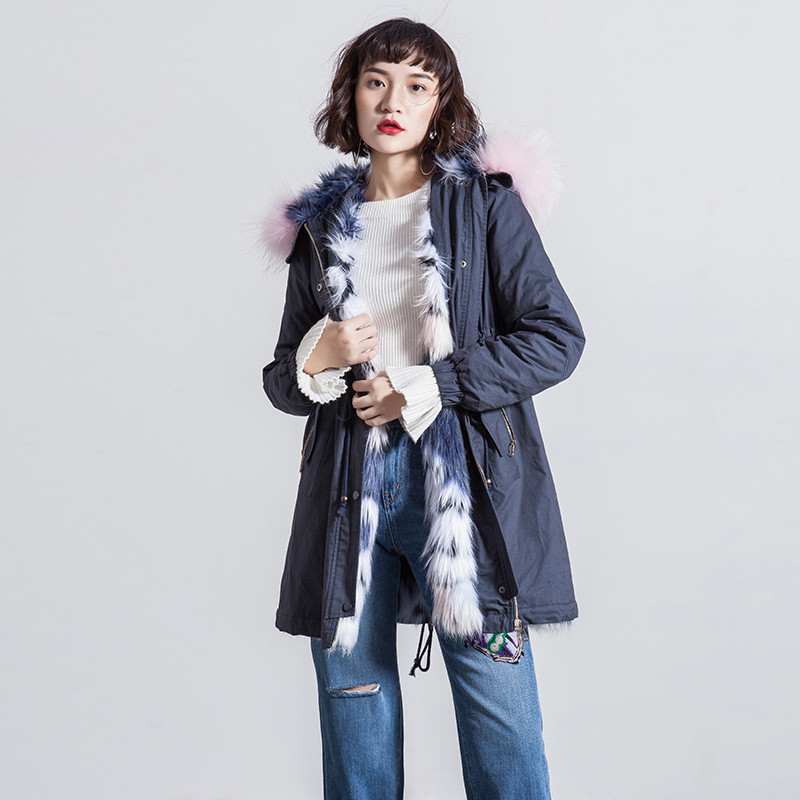 女装冬季韩版时尚纯色彩色毛条连帽抽绳设计长款外套上衣 S 藏蓝