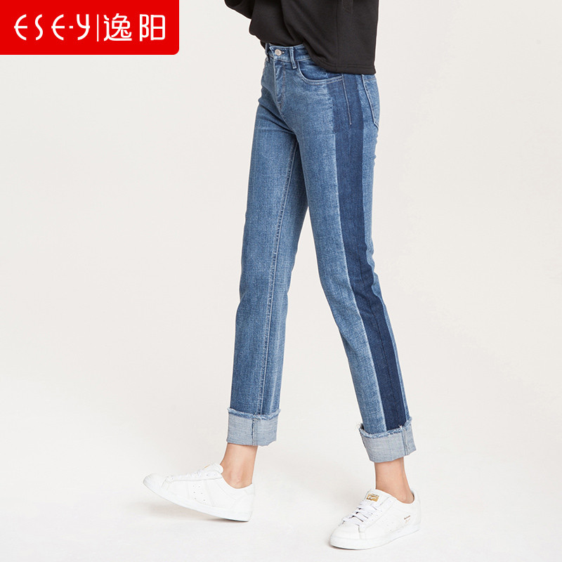 逸阳冬季新款牛仔裤女撞色翻边九分裤复古修身直筒裤高腰裤子0243_1 30/15 浅蓝色