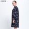 Aline/阿莱秋季新款碎花连衣裙泡泡袖淑女风宽松舒适印花中长裙 M 藏青花