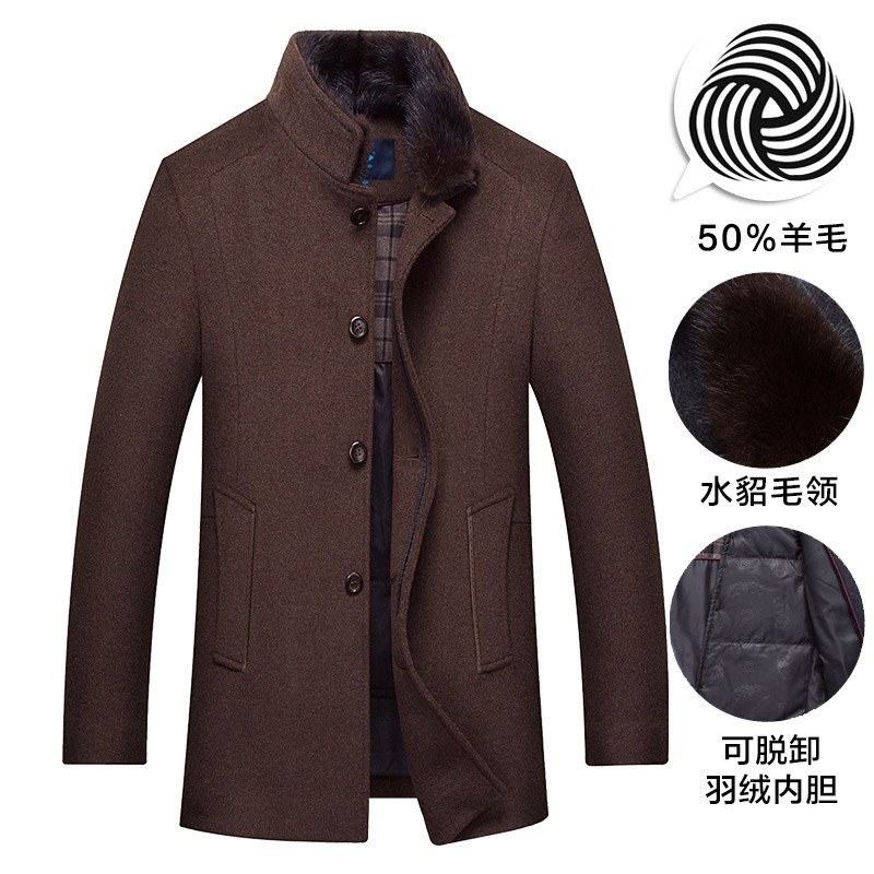 木笛羊毛呢子大衣男中长款修身加厚毛呢外套羽绒服内胆大码男装MDYM16C1692 咖啡色 165/S